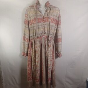 Sandy Gray Vintage Boho Peasant Cottagecore‎ Floral Ruffle Pleated Midi Dress